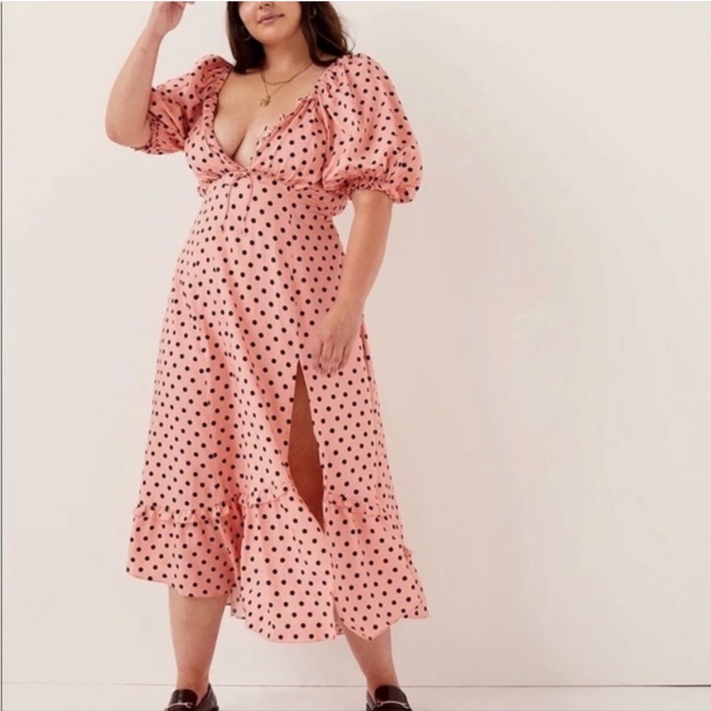 For Love And Lemons Pink Wrap Midi Dress with Puff Sleeves